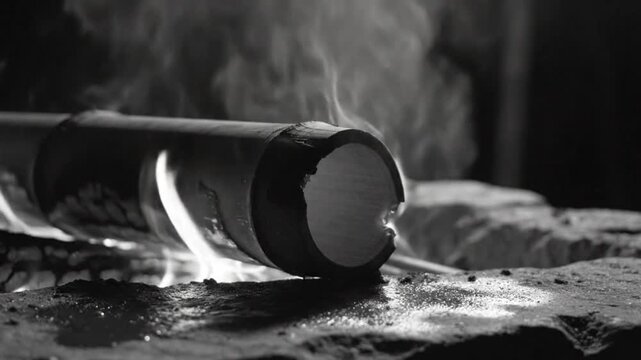 Black and white close up of a bamboo pipe being heated over a roaring fire, creating smoke