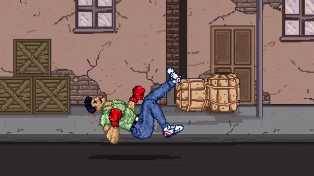 Pixel art animation of an old fighting game with a man wearing boxing gloves falling unconscious in the street with buildings, art, vintage, pixel.
