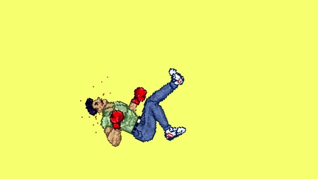 Pixel art animation of an old fighting game with a man wearing boxing gloves falling unconscious with a yellow background, art, vintage, pixel.
