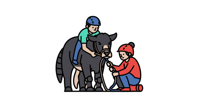 Young Rider and Handler Preparing Horse for Equestrian Activity.