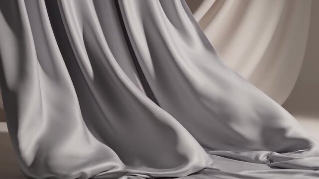 Smooth grey fabric flowing over a pedestal. Minimalist background with wave abstract textile motion. Textile design and luxury fashion material display concept.