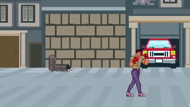 Pixel art animation of an old fighting game with a man wearing boxing gloves walking down the street with buildings, art, vintage, pixel, 2D.