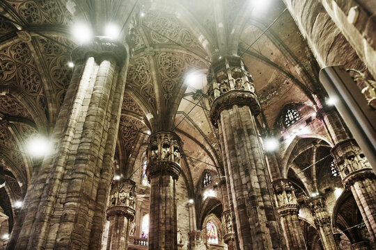 The vast interior of the Milan Cathedral (Duomo di Milano), the largest church in Italy and one of the largest Gothic style churches in the world, Milan, Italy, Europe 