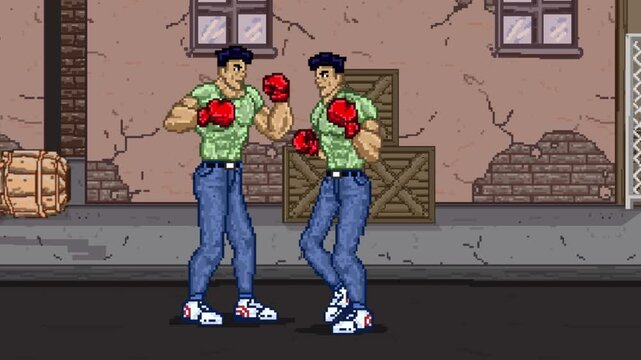 Pixel art animation of an old fighting game with two men wearing boxing gloves fighting and getting punched in the face in the street with buildings, art, vintage, pixel.