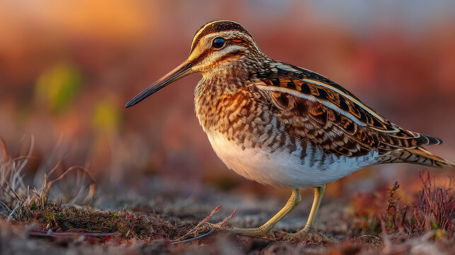 Common snipe bird standing on ground with detailed feathers and warm natural background in soft light