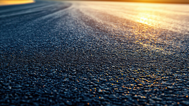 Freshly paved asphalt road surface glistens under warm sunlight, showing detailed texture and smooth finish with golden glow