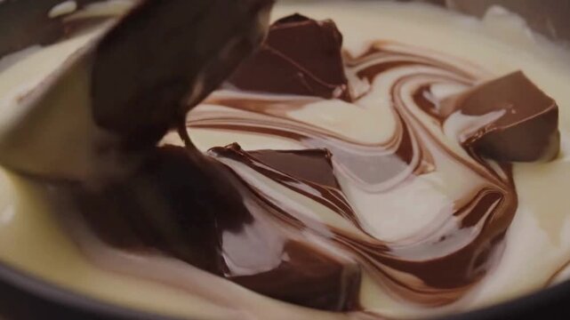 close up of melting dark chocolate chunks in hot white cream being stirred with a spatula for making ganache dessert