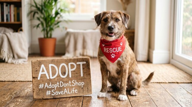 Cute rescue dog wearing a red bandana sits next to an adopt sign