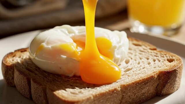 cutting into a perfect poached egg with runny yolk on toast for breakfast