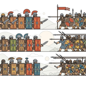 Series of armored warriors lined up with shields and spears in formation illustration.