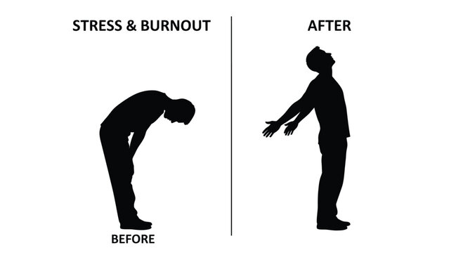 Stressed person silhouette bending forward versus a relaxed person stretching arms.