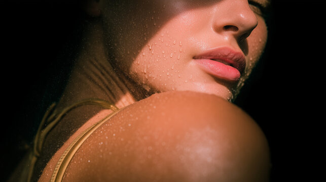 close-up of wet shoulders and upper back drying in soft sunlight