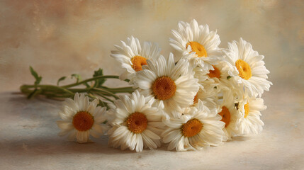 Obraz premium A beautiful bouquet of white daisies and chamomile flowers blooms with yellow centers in a summer garden meadow, showcasing the natural floral beauty of every petal in a vibrant spring blossom