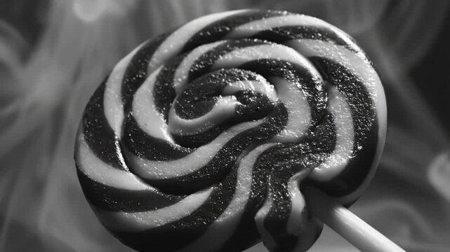 Black and white swirled lollipop with a smokey backdrop showing a spiral candy and sweet treat
