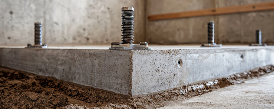 Concrete foundation with metal anchor bolts embedded in soil for construction support and stability in building projects
