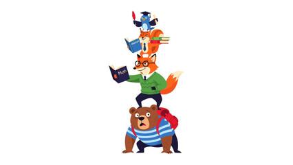 Obraz premium Stacking up the learning: A whimsical illustration showcases a bear, fox, and squirrel, each absorbed in their studies, forming a playful tower of knowledge.