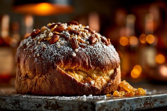 Traditional Italian colomba cake with almonds and pearl sugar