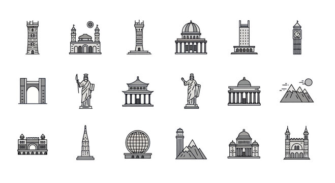 Global Landmarks Icon Collection - Famous Buildings and Monuments Vector Set