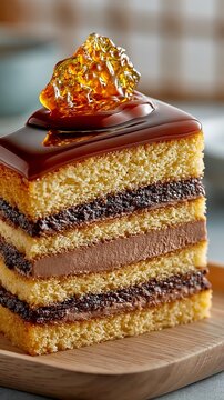 Slice of traditional Dobos torte cake with caramel topping