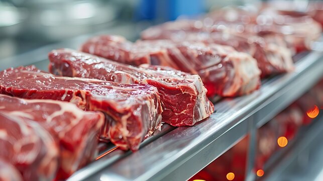 Refrigerated conveyor belt transporting raw beef steaks in an industrial processing facility