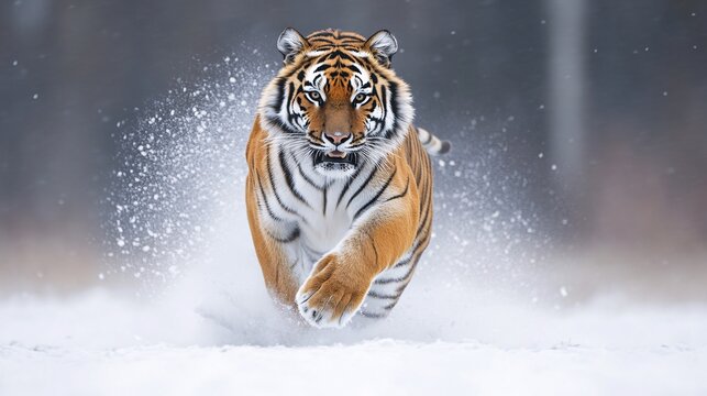 Tiger runs through snow with powerful strides orange and white fur shining in cold winter landscape with snowflakes flying
