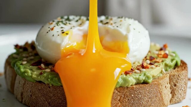 close up of two forks piercing a perfectly poached egg on avocado toast with runny yolk flowing over sourdough bread