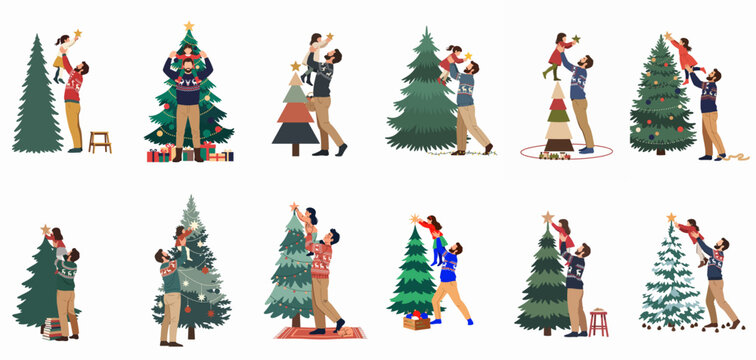 Illustrations of a father lifting his daughter to place a star on top of a Christmas tree, celebrating holiday traditions together.