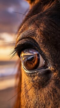 Extreme close-up of horse eye reflecting ocean at sunset