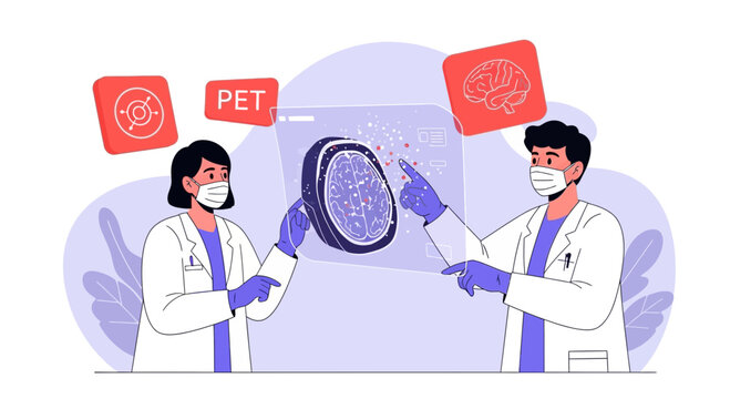 Doctors analyze brain PET scan, medical imaging, neuroscience research, healthcare innovation