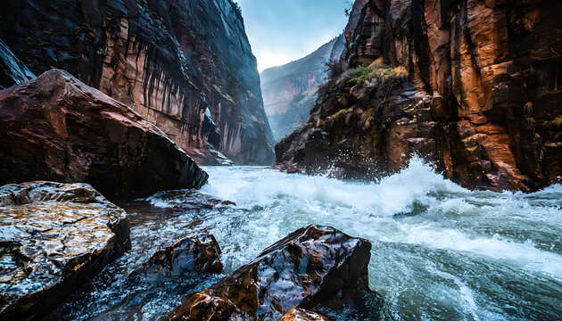 River rushes through rocky canyon with dramatic landscape and high detail textures.