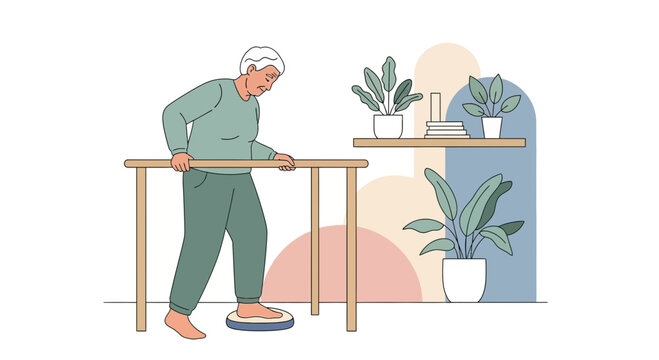 Elderly person practicing balance on a wobble board with parallel bars for support