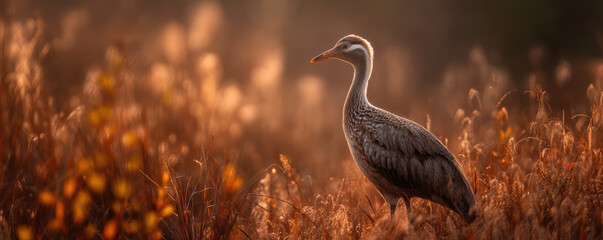 Fototapeta premium Crane bird standing in dry grass field with warm golden light creating peaceful and natural atmosphere in background