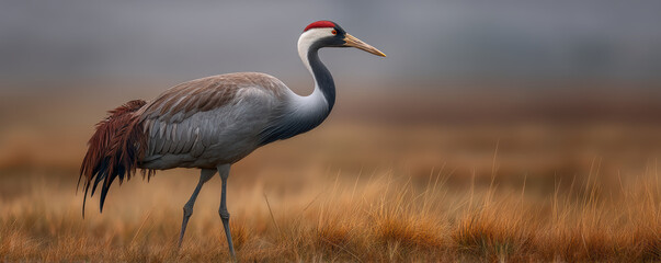 Obraz premium Common crane walking in dry grassland with soft blurred background, showing elegant bird with red crown and long beak in natural habitat