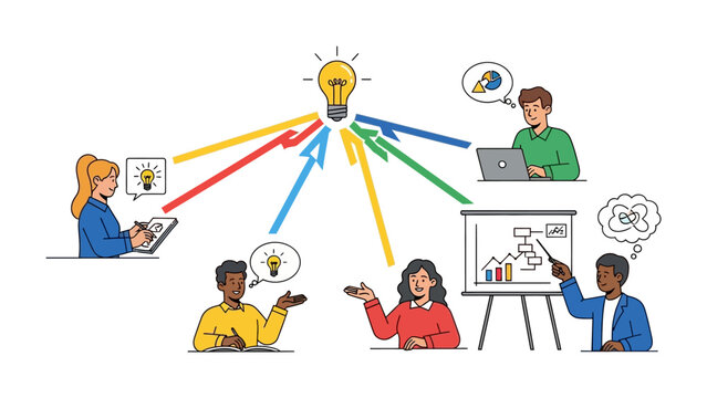 Unleashing Creativity: Illustration of team collaboration around central idea, a vibrant display of a brainstorming session with diverse individuals converging on a shared vision.