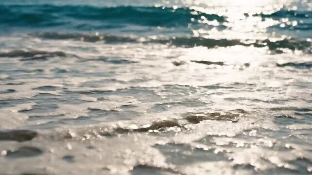 Close-up of ocean wave washing onto sandy beach, gentle sea tide rolling over coastline, natural seascape background, soothing water motion on shore, refreshing coastal environment.