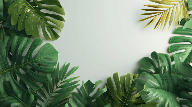 Tropical leaves frame with green palm and monstera foliage on light background creating fresh natural border