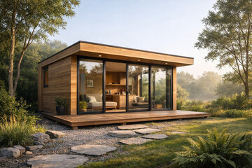Fototapeta premium Modern Home in Nature's Embrace: A contemporary, eco-friendly cabin nestles in a serene landscape.