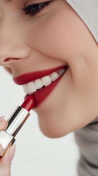 Close Up Portrait Beautiful Woman Applying Lipstick Studio Lighting White Background 4K Detail