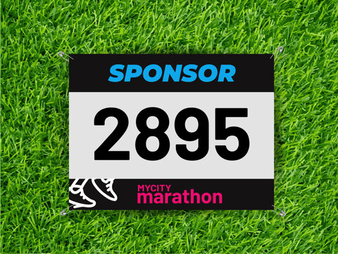 Running race bib mockup with safety pins on grass texture. Ideal template to showcase a bib design. Editable vector illustration