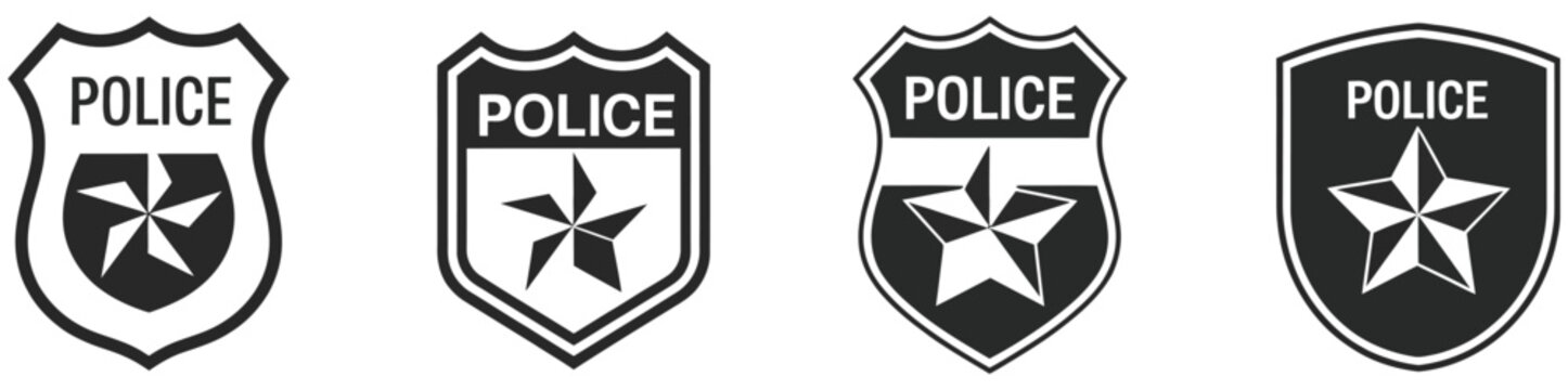 Police badge icon set, shield with officer star symbols, sheriff medal icons, law enforcement and security concept, authority and protection signs, modern flat vector design for apps, badges, and offi