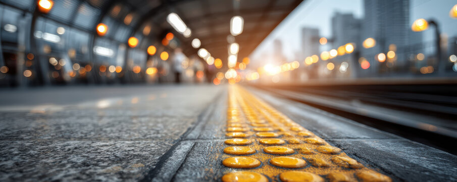Train station platform with tactile paving and blurred cityscape in background during sunset light