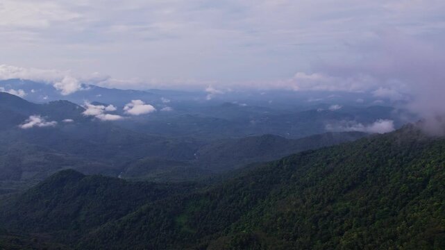 Wide panoramic drone shot of forest-covered hills in Kerala with clouds moving across mountains and valleys. Scenic tropical landscape ideal for travel and nature footage