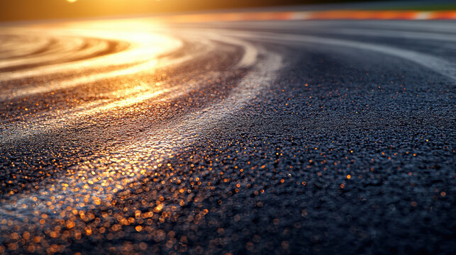 Tire marks on asphalt road surface with sunset light creating warm glowing reflections and textured detail
