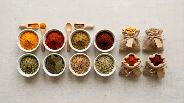 Assorted spices and herbs placed in white ceramic bowls and burlap sacks arranged on light background for cooking inspiration and creative kitchen decor photography flat lay style.