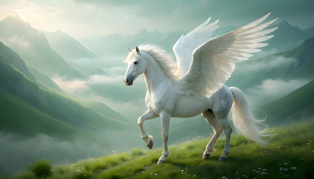 A majestic white winged horse runs freely on a green mountain hill with clouds and soft light.