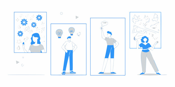 Illustrative depiction of brainstorming innovation and collaborative problem solving with stylized figures