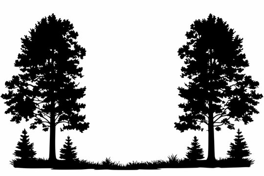 Two silhouetted evergreen trees stand facing each other with grassy ground cover