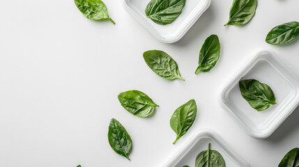 Obraz premium Fresh green basil leaves scattered on white surface with some placed inside white square containers, creating clean and natural composition