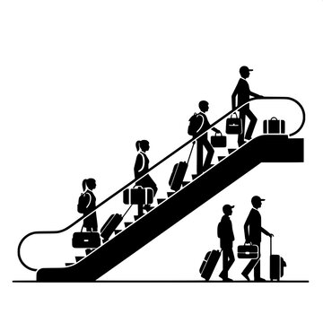business professionals rushing on escalator in modern corporate environment