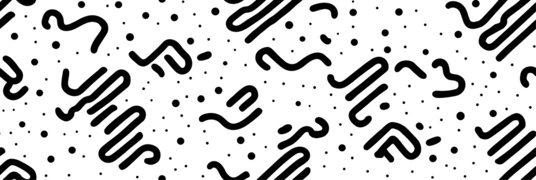 Abstract seamless pattern creating a dynamic maze with dashed lines and scattered dots. Abstract black and white geometric dashed pattern